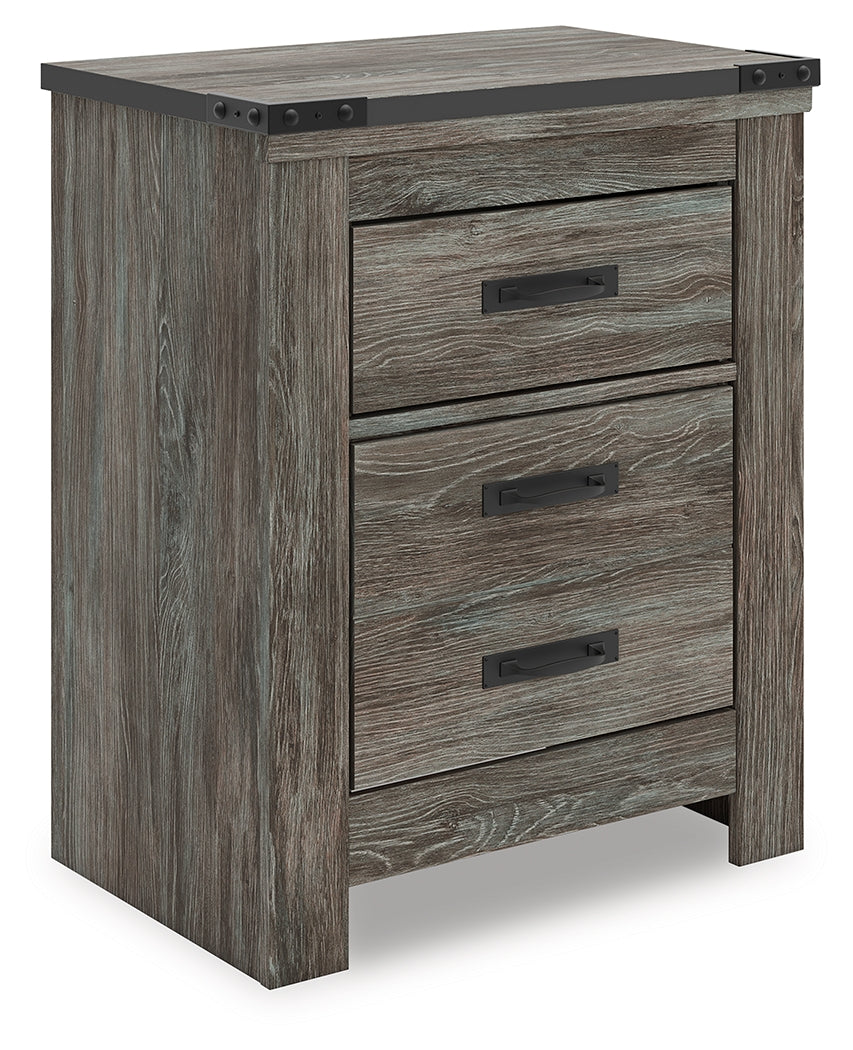 Frandern gray rustic nightstand angled front view