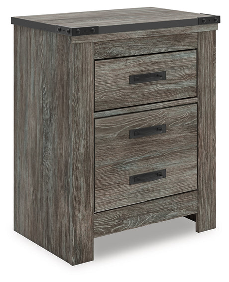 Frandern gray rustic nightstand angled front view