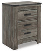 Frandern gray rustic nightstand angled front view