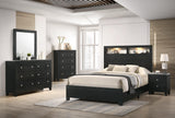 Side view of Cadence Black LED Bookcase Queen Bed