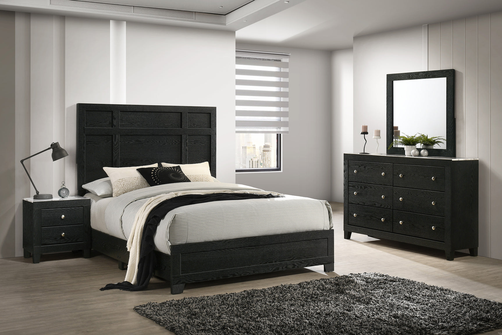 Side view of Cadence Black Panel Bedroom Set bed