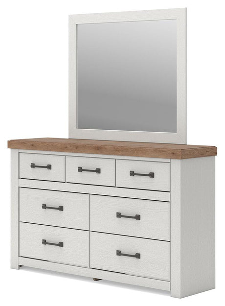 Savonport White/Brown Panel Storage Bed. Dresser, Mirror Bedroom Set angled view