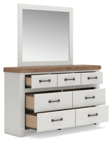 Savonport White/Brown Panel Bed. Dresser, Mirror Bedroom Set angled view