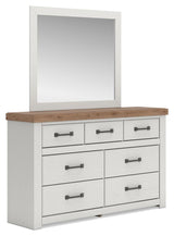 Savonport White/Brown Panel Bed. Dresser, Mirror Bedroom Set angled view