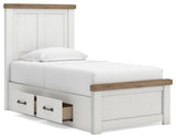 Savonport White/Brown Twin Panel Bed with Storage angled view
