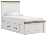 Savonport White/Brown Twin Panel Bed with Storage angled view