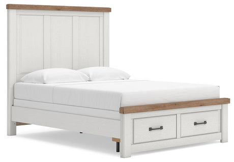 Savonport White/Brown Panel Storage Bed. Dresser, Mirror Bedroom Set angled view