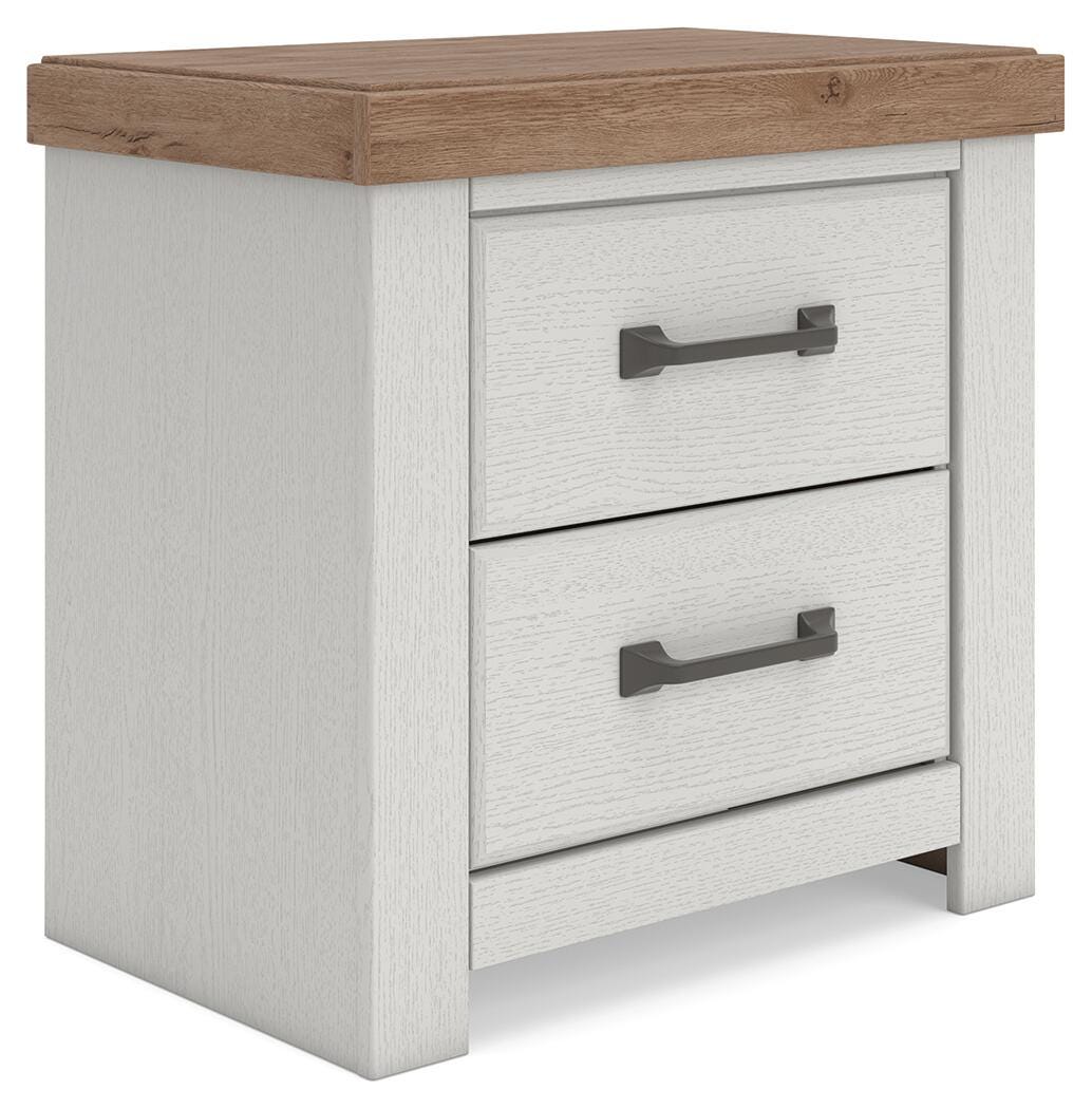 Savonport White/Brown Panel Bed. Dresser, Mirror Bedroom Set angled view