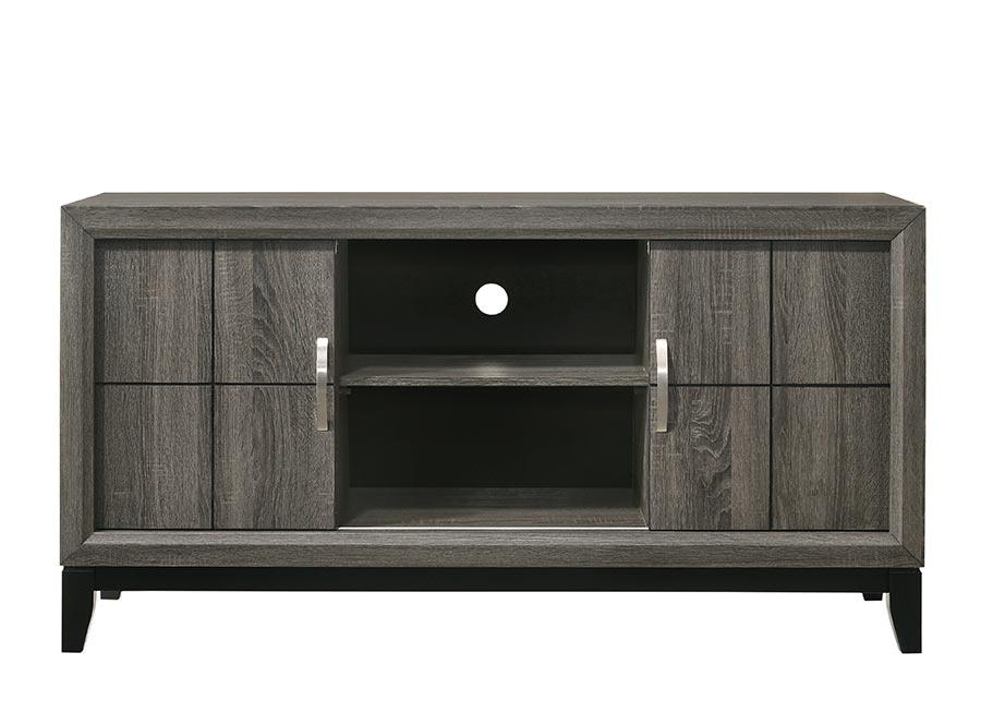 Akerson Grey Dresser angled view showcasing six drawers and mirrored top