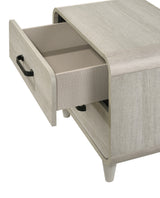 Nyomi White Upholstered Panel Bedroom Set side view of nightstand