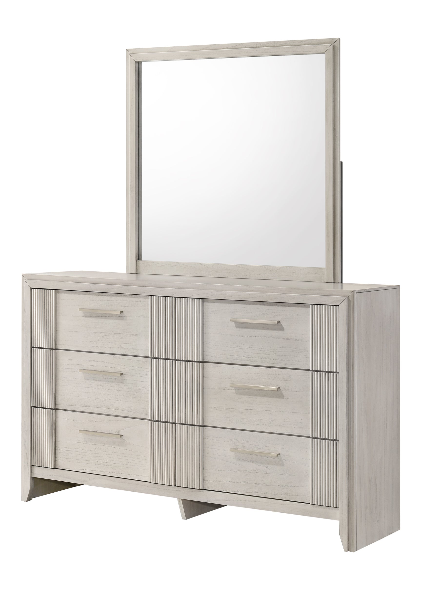 Bedroom view showing dresser and mirror in Carlton White Upholstered Panel Bedroom Set