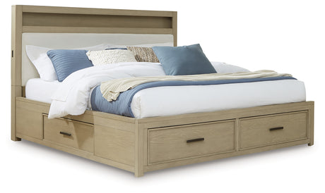 Side angle of Calmoro Gray Queen Bookcase Bed showing storage drawers