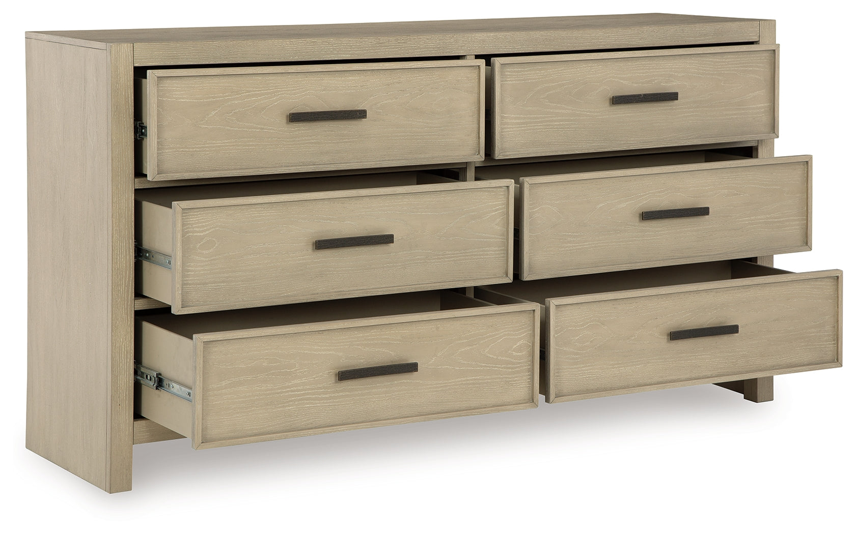 Calmoro Gray Dresser side angle with open drawers showing interior