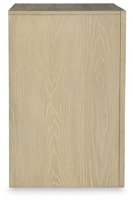 Close-up of blackened steel metal bar pulls on Calmoro Nightstand