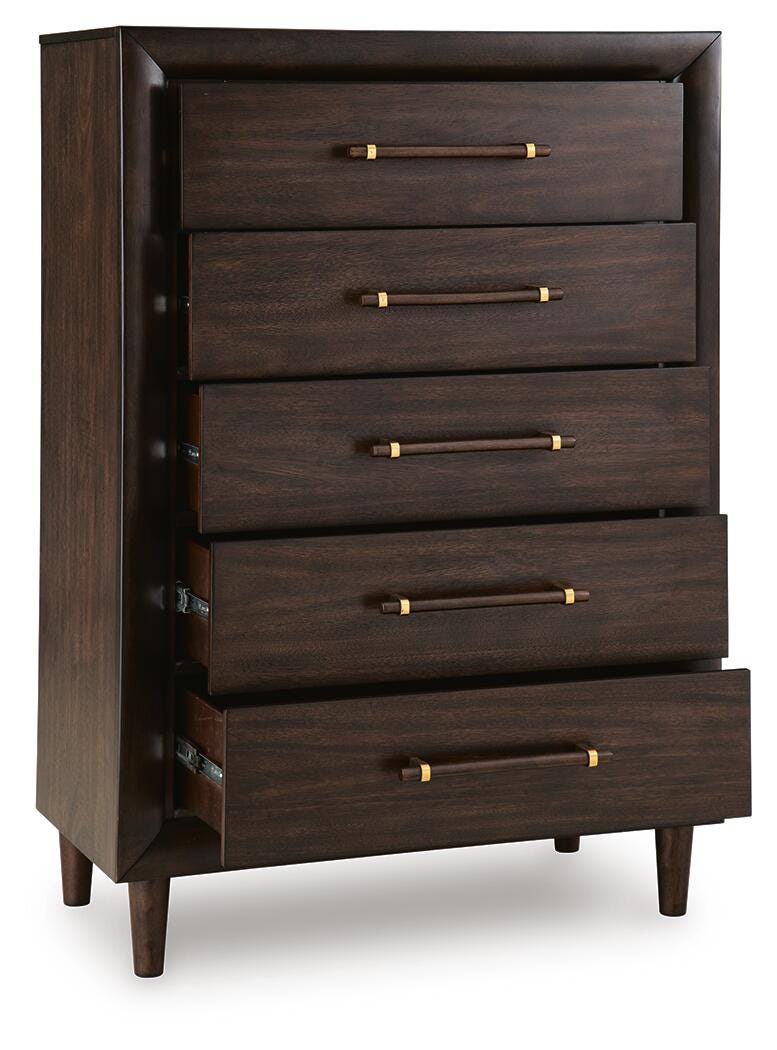 Dantenton Merlot Chest of Drawers angled open drawer
