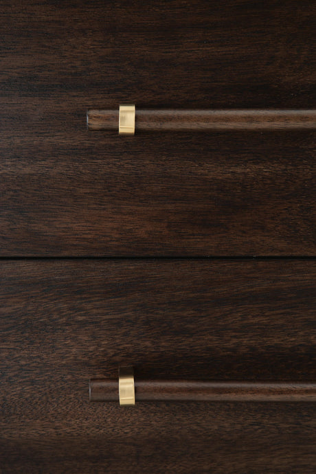 Close-up of Dantenton Chest of Drawers wood pull with brass-tone accents