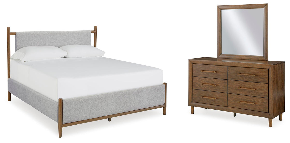 Lyncott Brown Upholstered Bedroom Set — Queen / 3: Bed, Dresser, Mirror