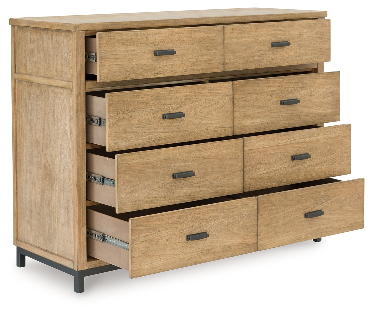 Tomtyn light brown dresser angled view with drawer open