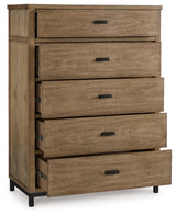 Front view of Tomtyn light brown chest with metal legs