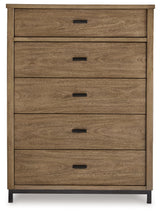 Side view of Tomtyn Chest of Drawers showing metal leg detail