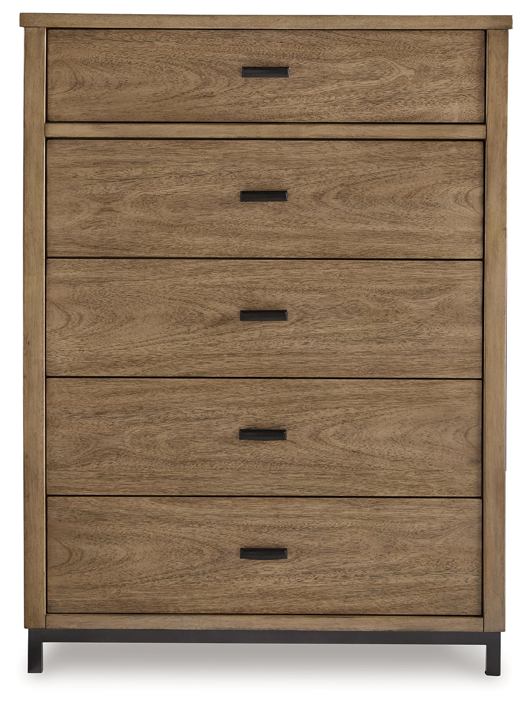Side view of Tomtyn Chest of Drawers showing metal leg detail