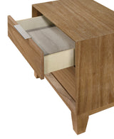 Side view of Florian platform bed in light brown upholstery