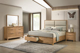 Florian light brown upholstered storage platform bed side view