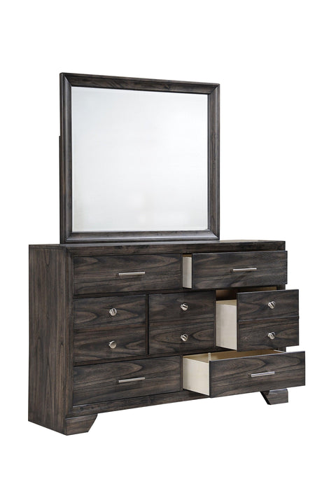 Jaymes modern dark brown TV stand, close-up of drawer and shelf details