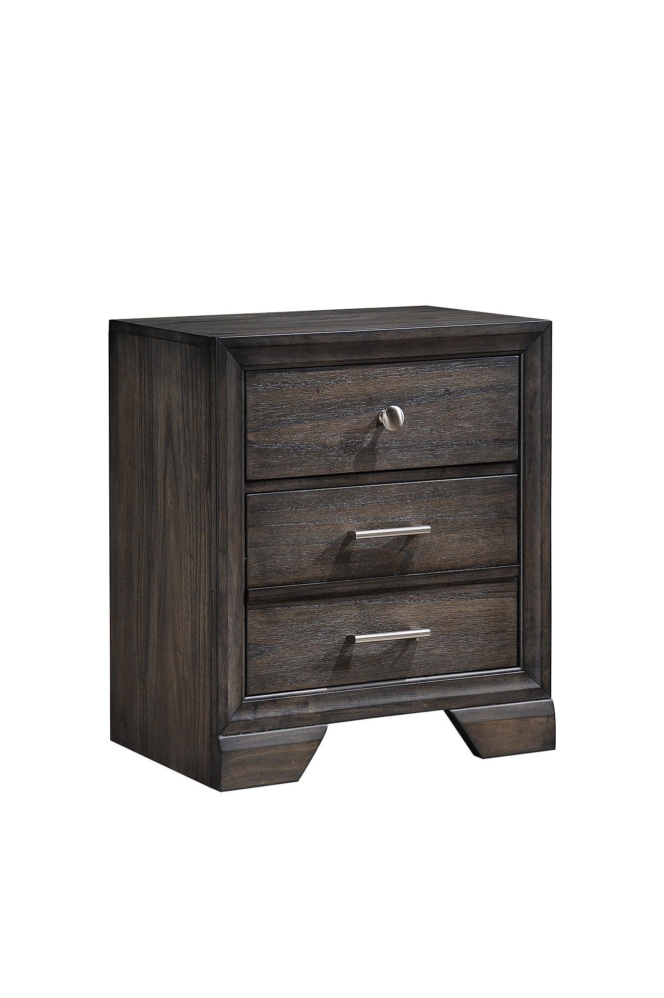 Jaymes Night Stand Gray, Modern And Sleek Wood, Classic Metal And Knob 3 Drawers - Ella Furniture