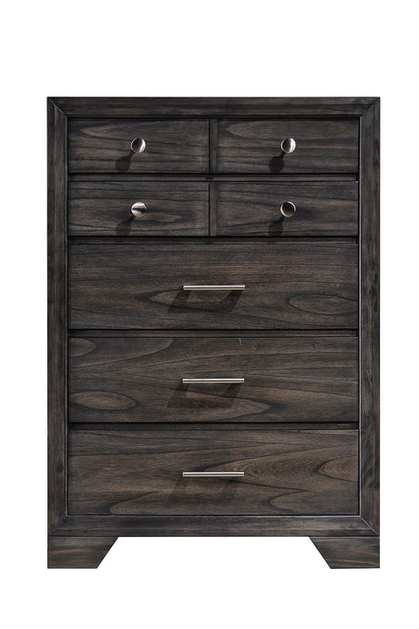 Jaymes Gray Nightstand with 3 drawers, brass handles, side view