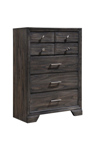 Jaymes chest 5 drawers front view in gray wood with Kenlin metal and nickel accents