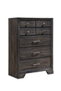 Jaymes chest 5 drawers front view in gray wood with Kenlin metal and nickel accents