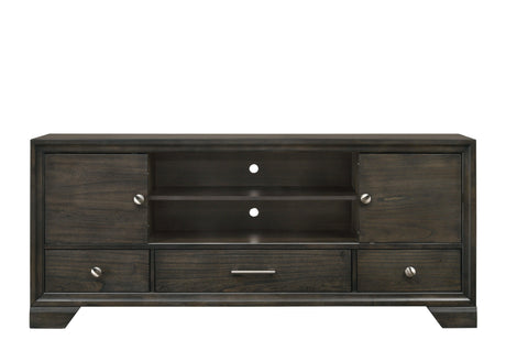 Jaymes modern dark brown TV stand with open shelving and storage