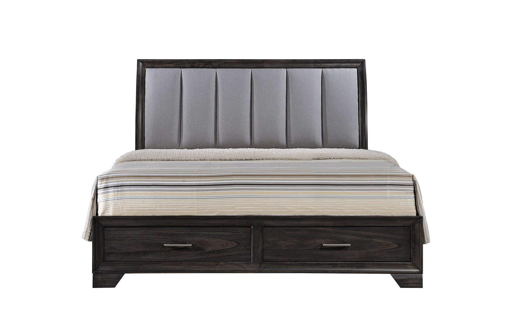bedroom view of Jaymes Gray Storage Fabric Platform Bedroom Set bed