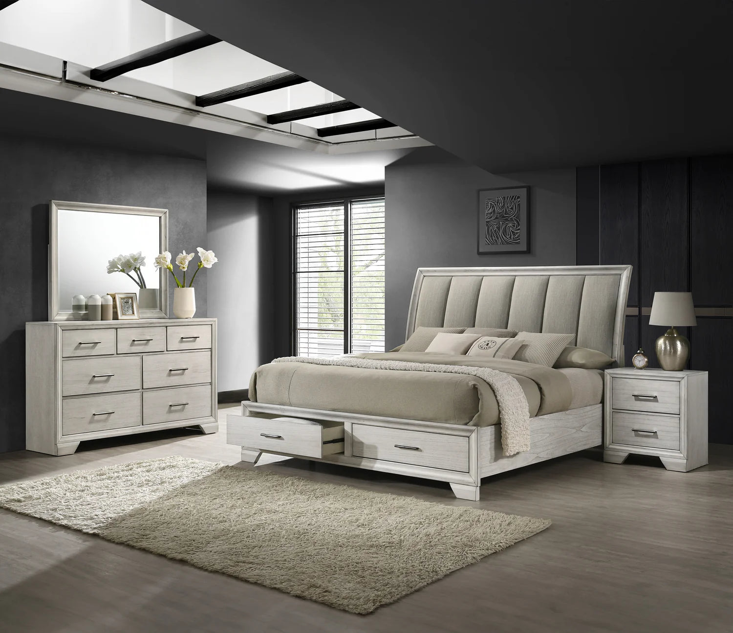 Side view of Jaymes White storage bedroom set bed