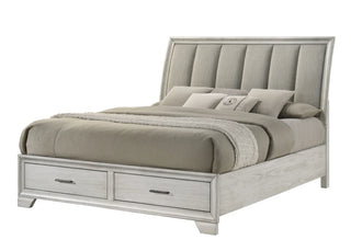 Bedroom view of Jaymes White storage bed with dresser and mirror