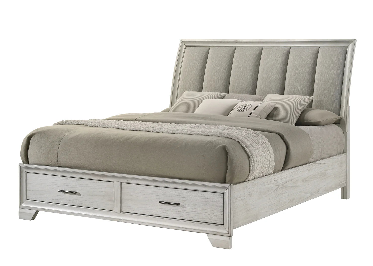 bedroom view of Jaymes White Fabric Upholstered Storage Bedroom Set bed