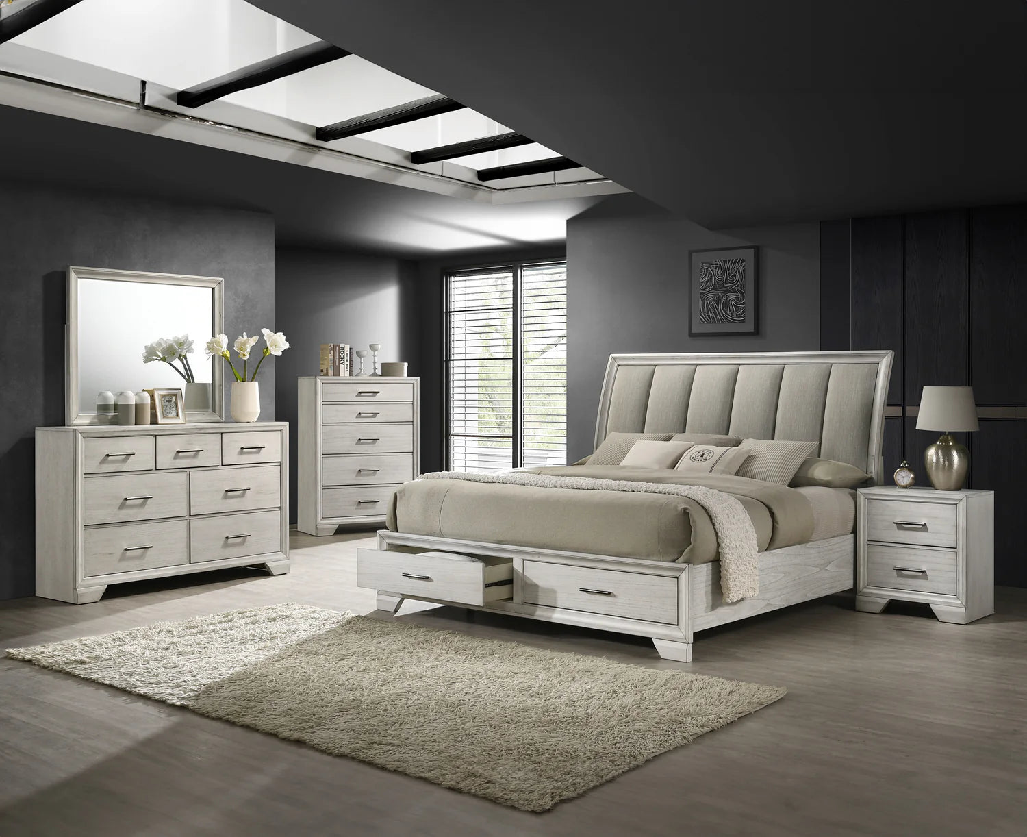 main view of Jaymes White Fabric Upholstered Storage Bedroom Set bed