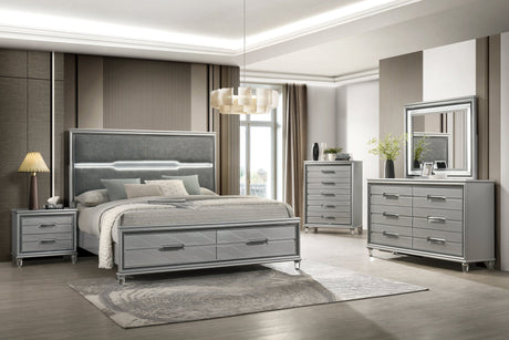 main view of Amiri Gray upholstered LED panel bed