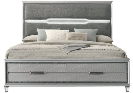 bedroom view showcasing Amiri Gray LED panel bed