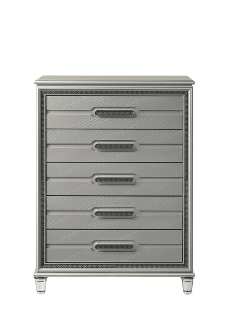 side view of Amiri Gray upholstered chest