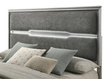 side view of Amiri Gray upholstered LED panel bed