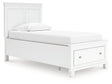 Side view of Fortman twin panel storage bed in white finish