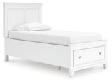 Side view of Fortman twin panel storage bed in white finish