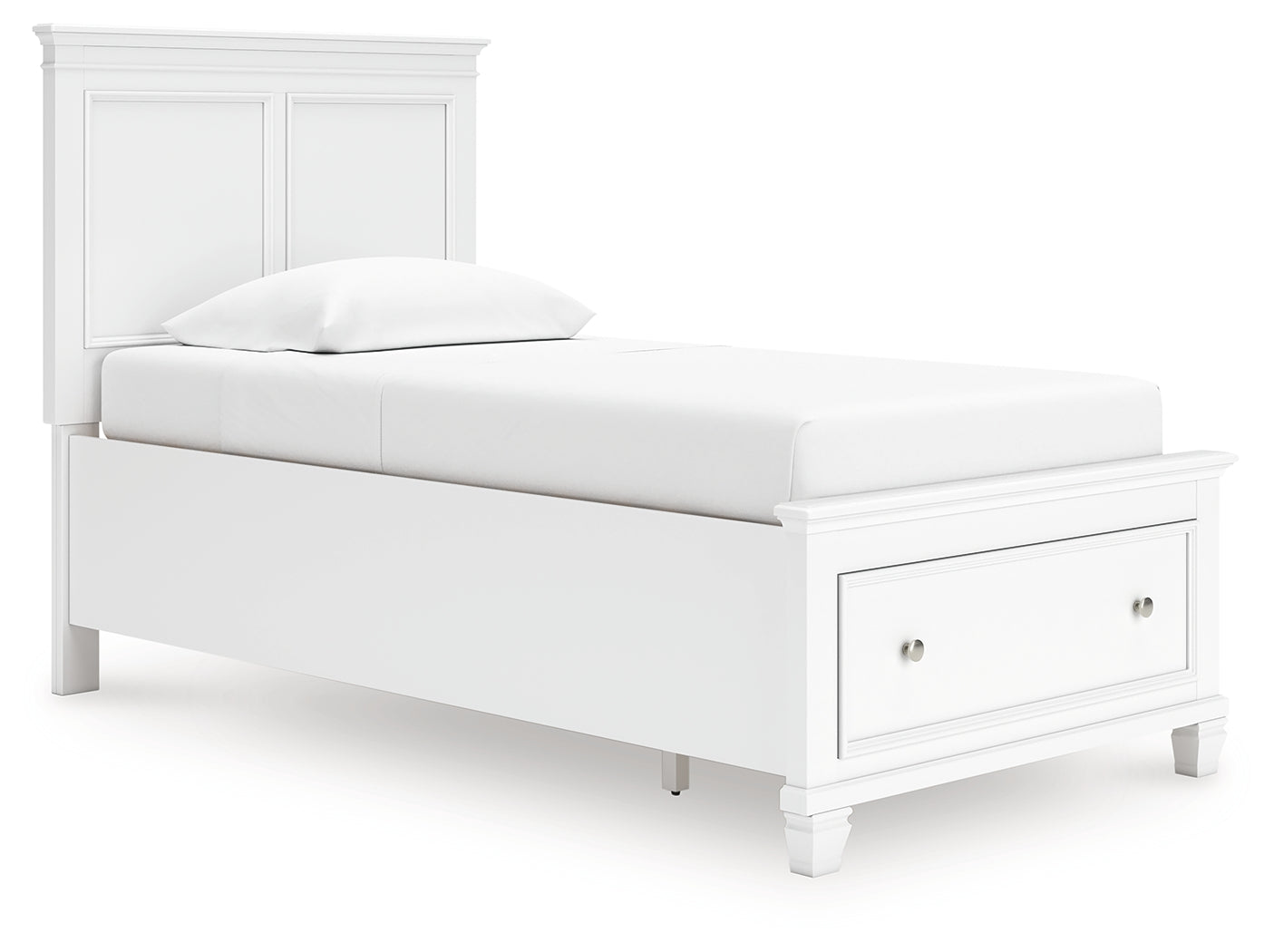 Side view of Fortman twin panel storage bed in white finish