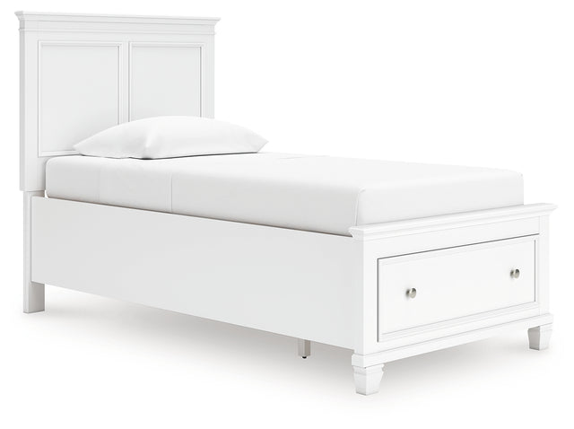 Side view of Fortman twin panel storage bed in white finish