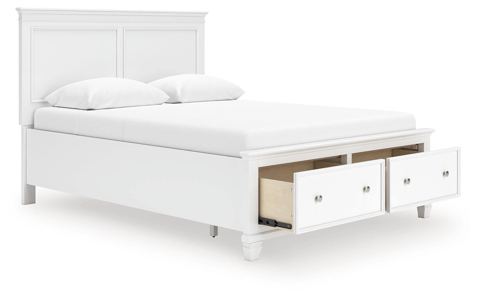 Open storage drawer in footboard of Fortman Bed