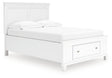 Fortman white full panel storage bed footboard with drawers open