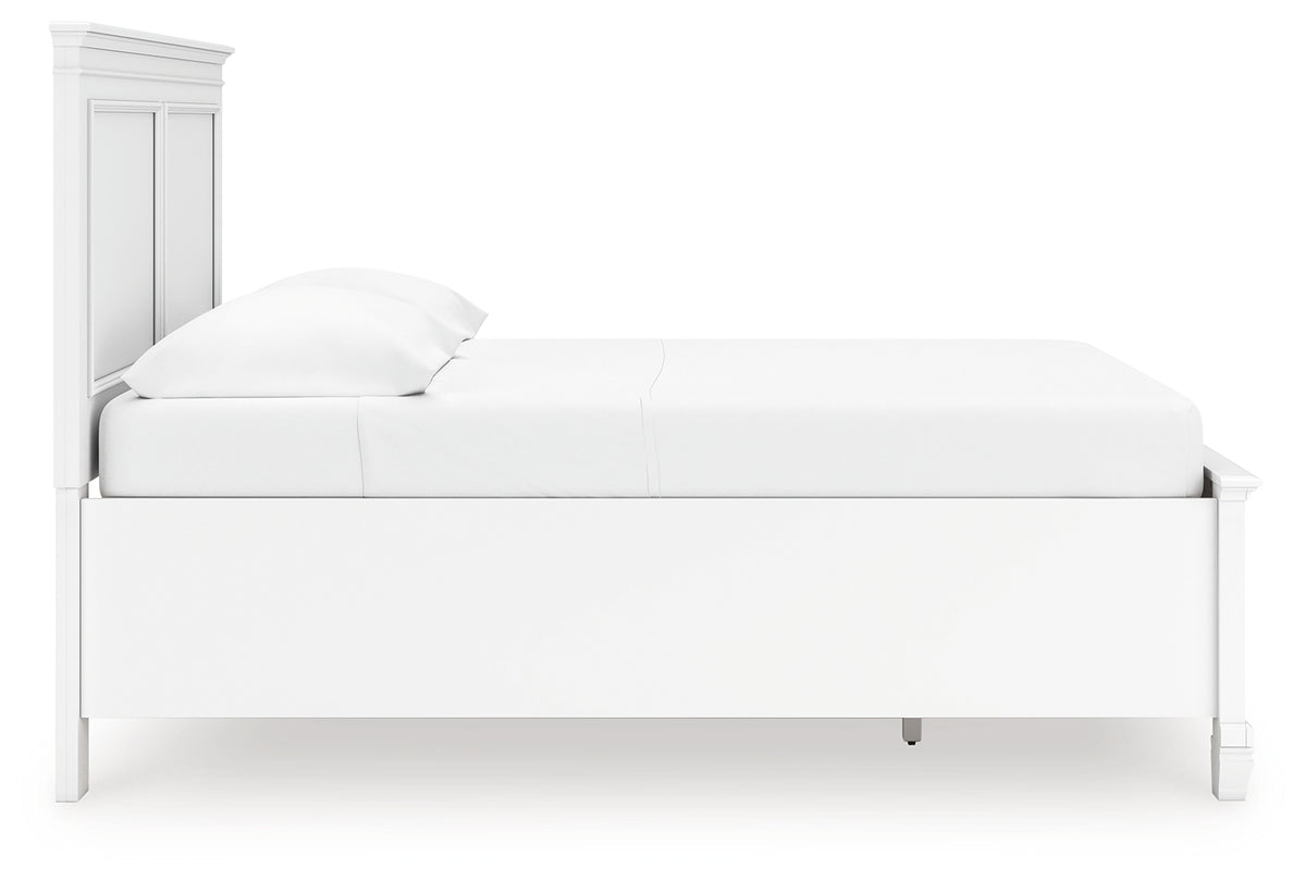 Side view of white full panel storage bed