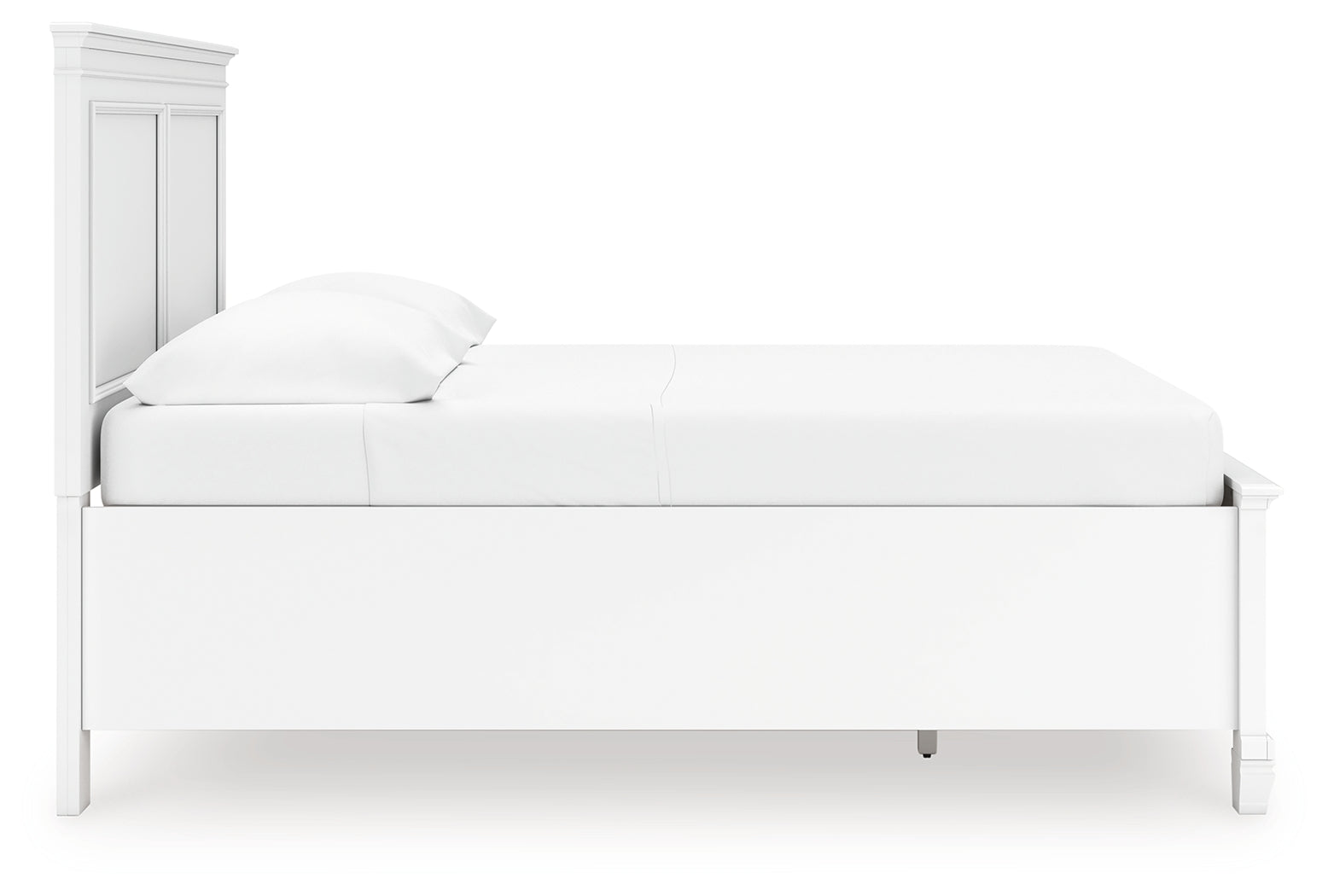 Side view of white full panel storage bed